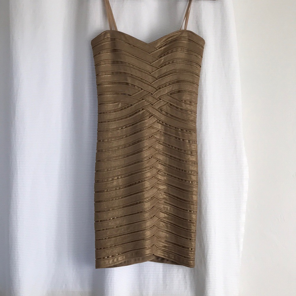 BCBGMAXAZRIA gold bandage mini dress